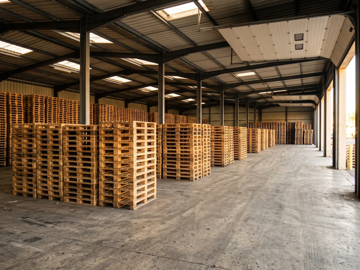 Palettes en bois d’occasion triées et empilées sur plusieurs rangées