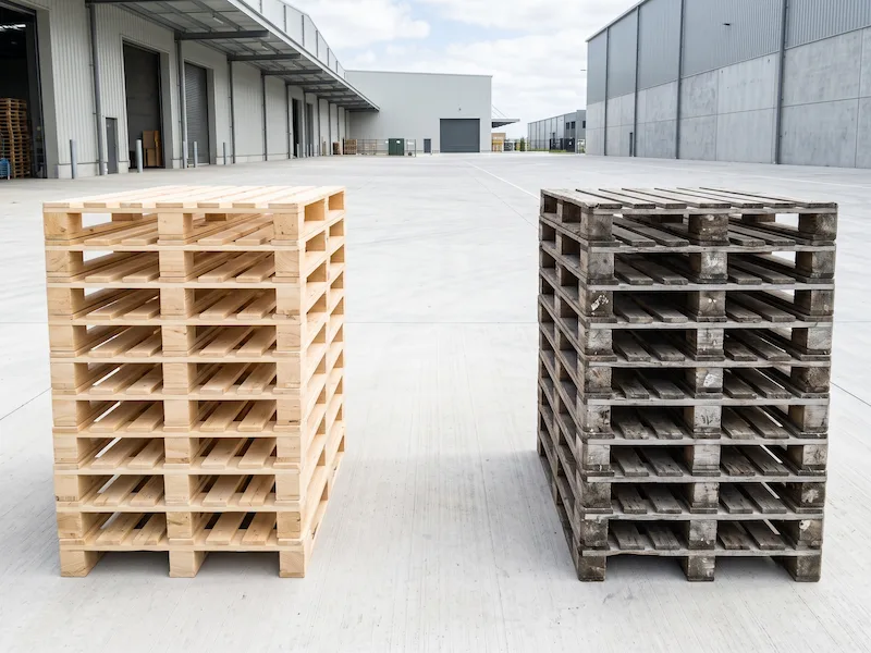 Deux piles de palettes séparées après tri, l’une au bois clair, l’autre au bois grisé